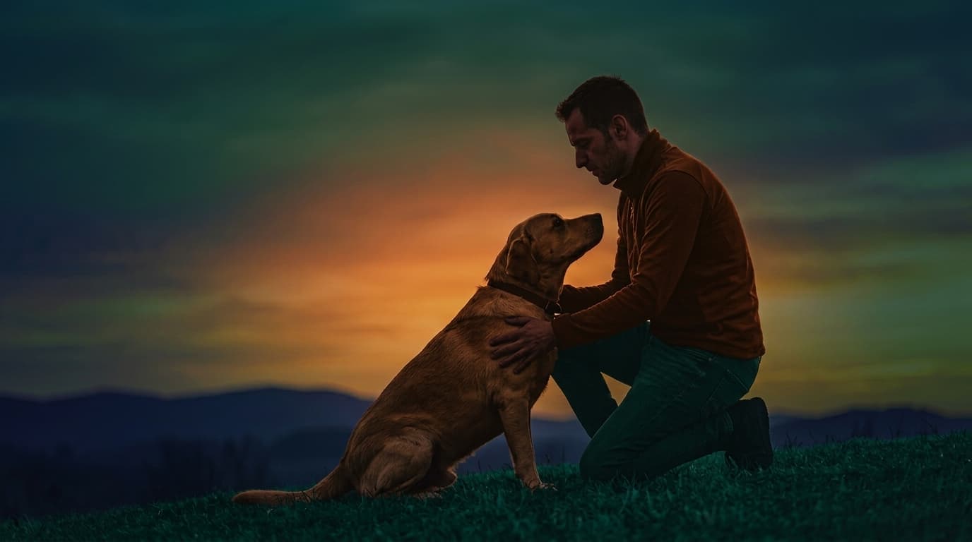 A person and their dog sharing a joyful moment at sunset